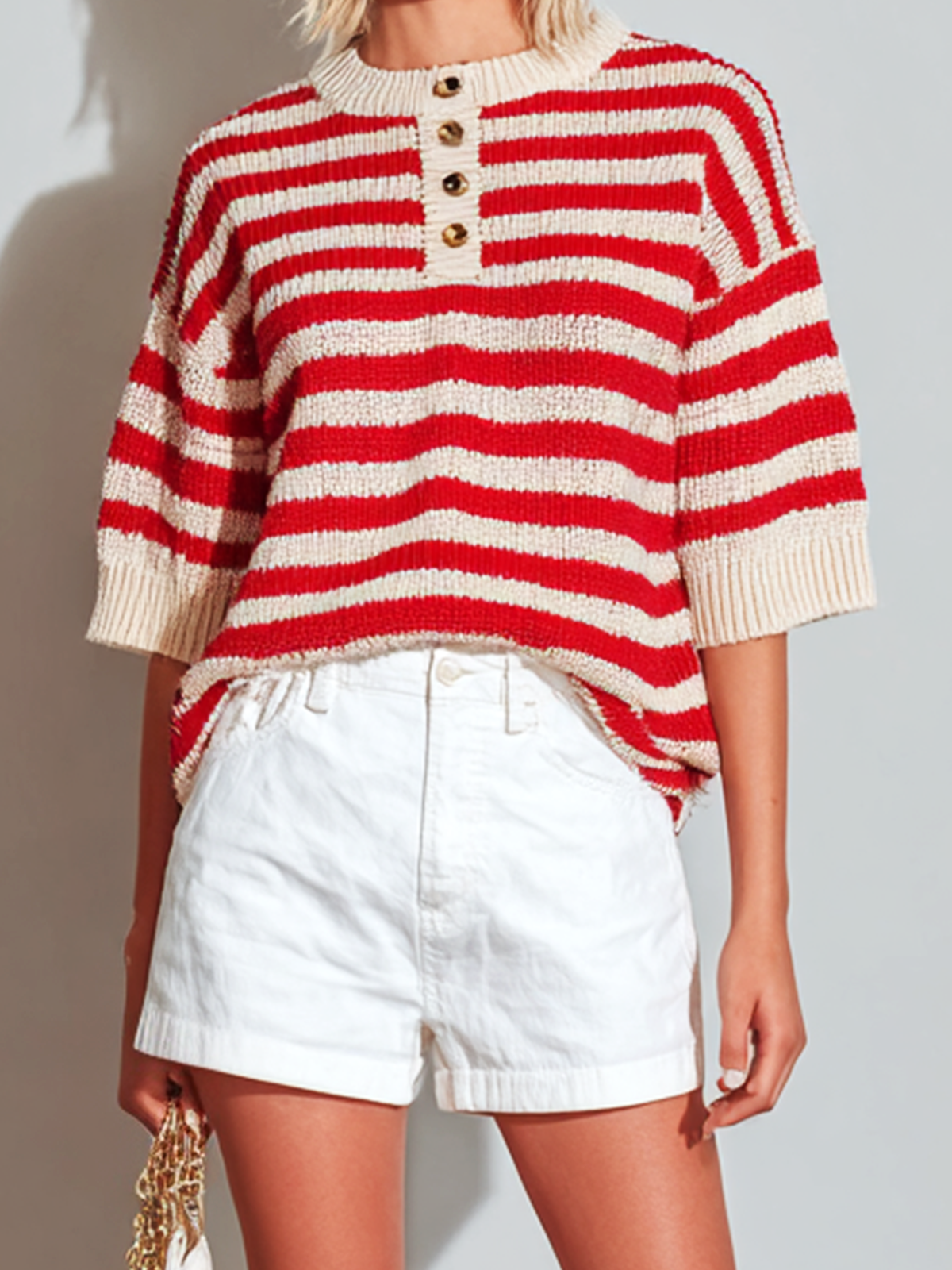 Chic Elegant Beige-Red Striped Crew Neck Button-Up Short-Sleeve Loose Knit Sweater Top White Cotton Shorts Two-Piece Set
