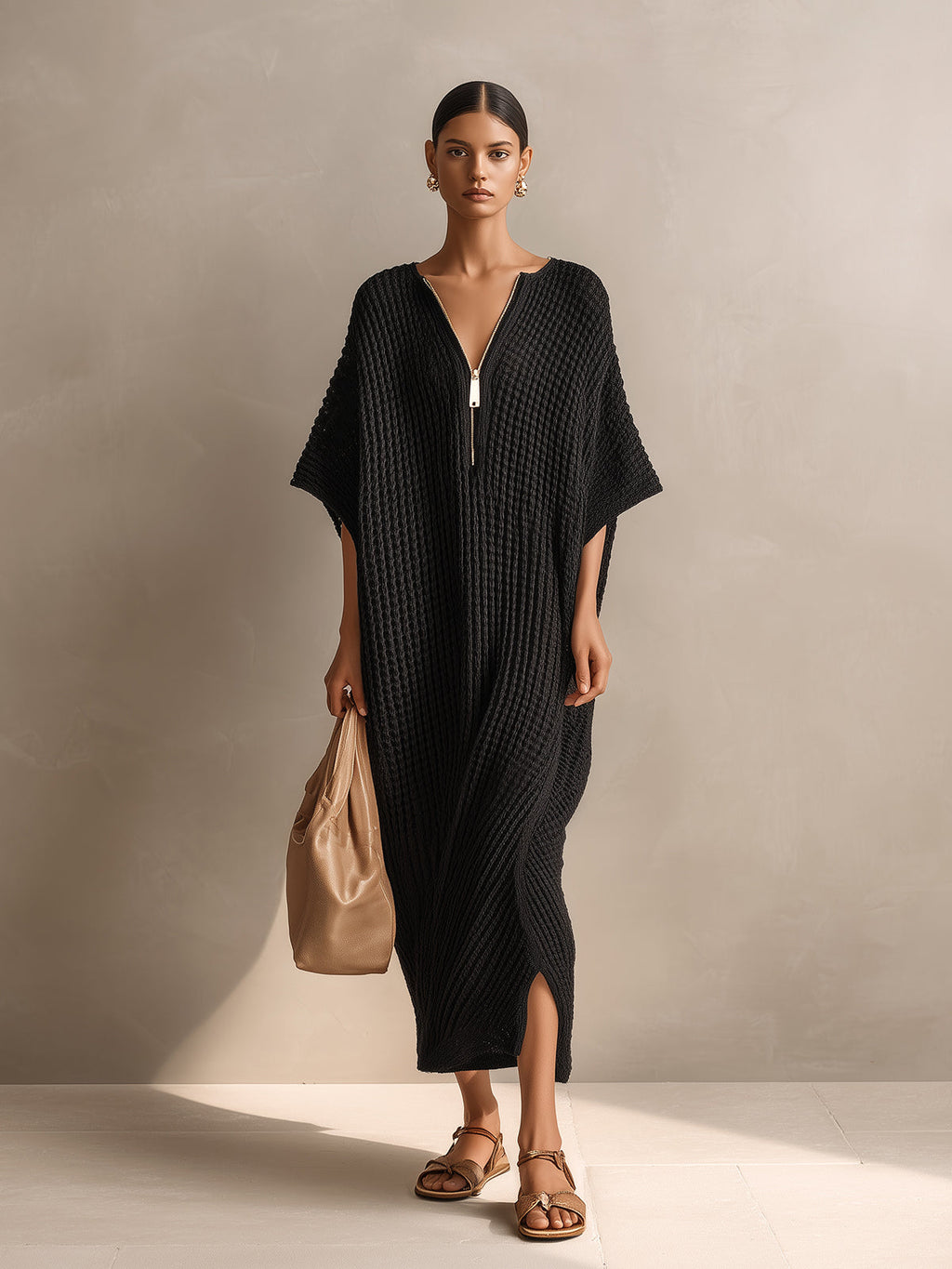 Chic Elegant Black Zipper-Up V-Neck Short-Sleeve Oversized Side-Slit Knit Maxi Dress