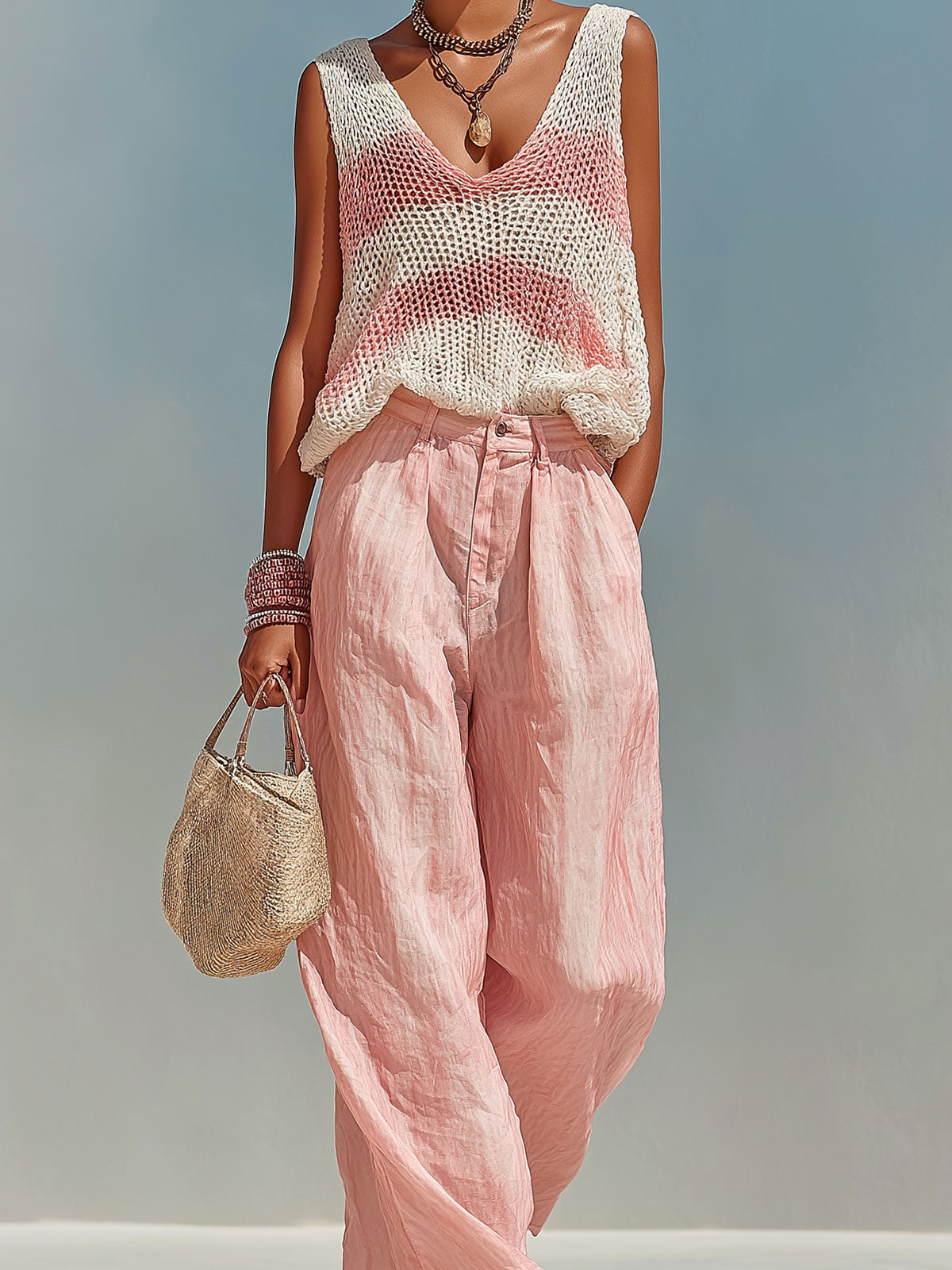 Chic Elegant Pink-White Stripes V-Neck Sleeveless Loose-Fit Knit Tank Top Pink Satin Pants Two-Piece Set