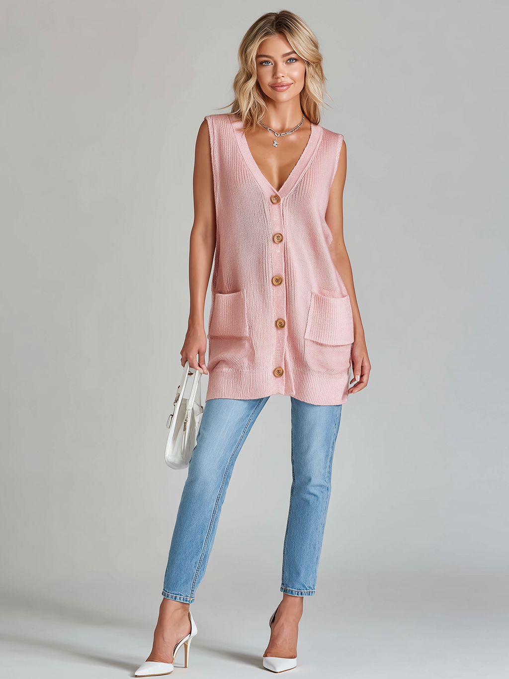 Fashion Casual Pink Loose Sleeveless V-neck Button  Patch Pockets Knit Vest