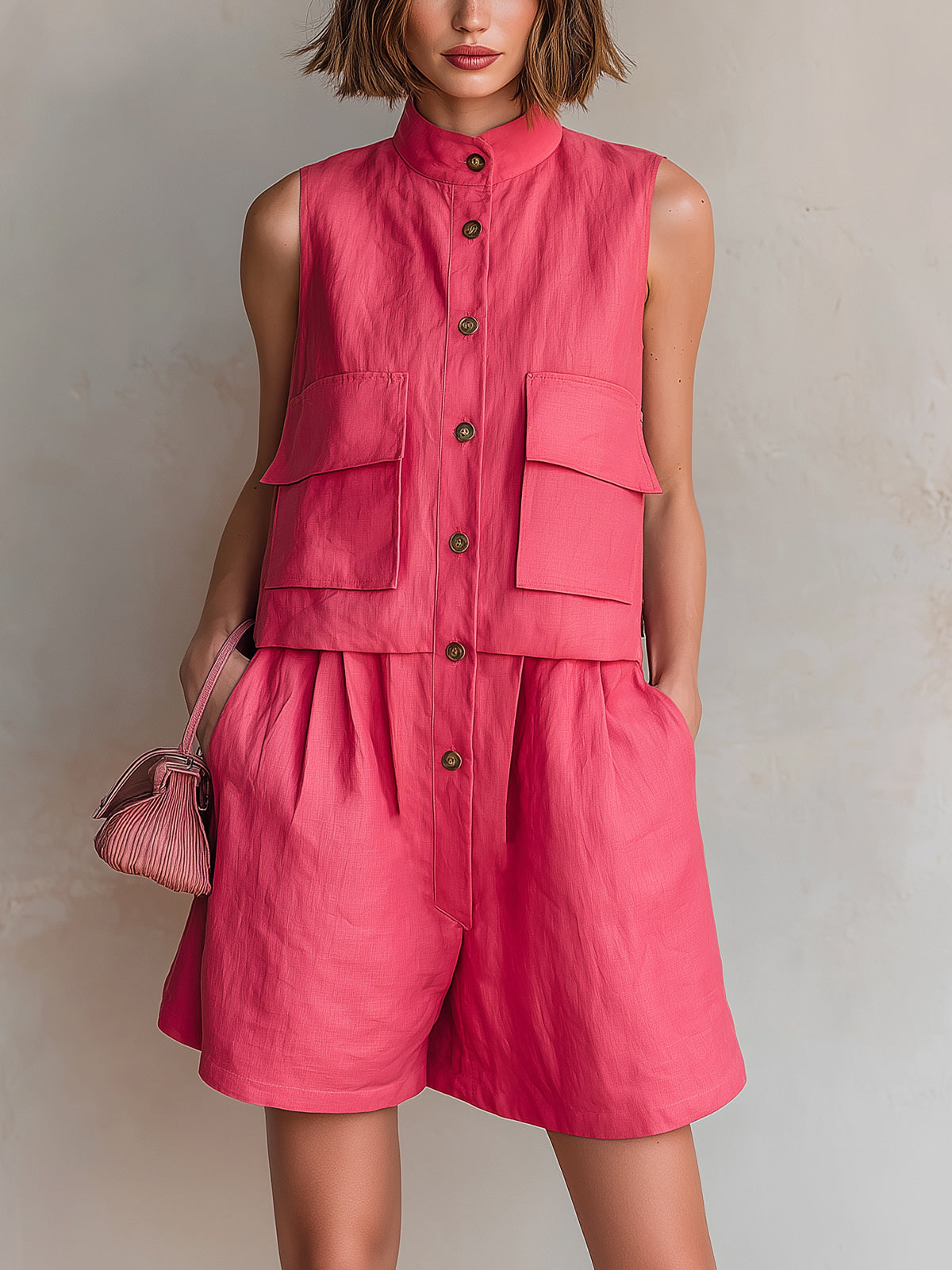 Chic Elegant Hot Pink Cotton Linen Blend Stand-Collar Button-Front Sleeveless Flap Pockets Loose-Fit Romper