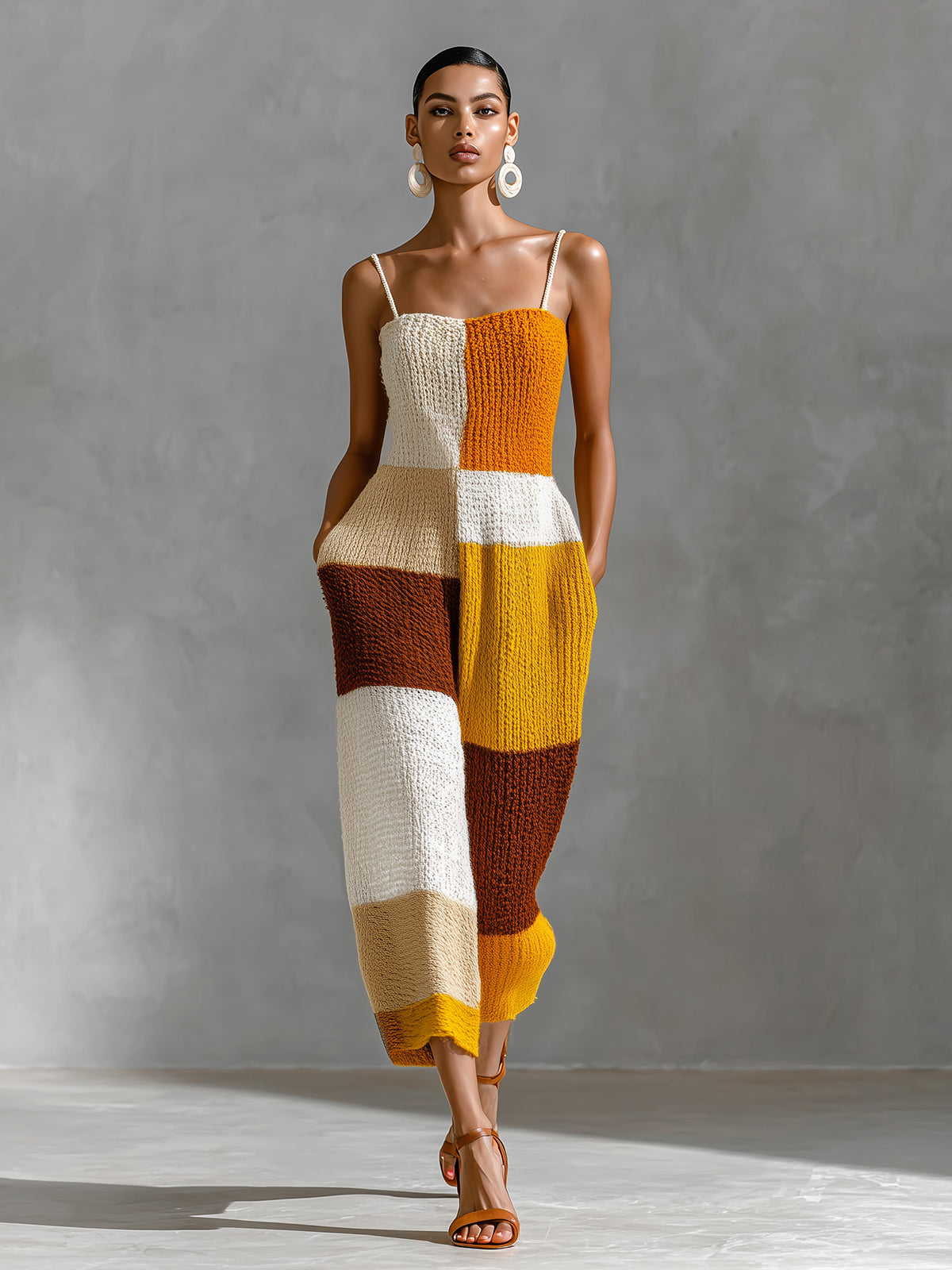 Chic  Elegant Yellow-Orange Colorblock Strappy Sleeveless Loose-Fit Breathable Ribbed Knit Jumpsuit