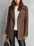 Chic Elegant Coffee Faux Leather Notched Lapel Long-Sleeve Zipper-Placket Slim-Fit Short Coat
