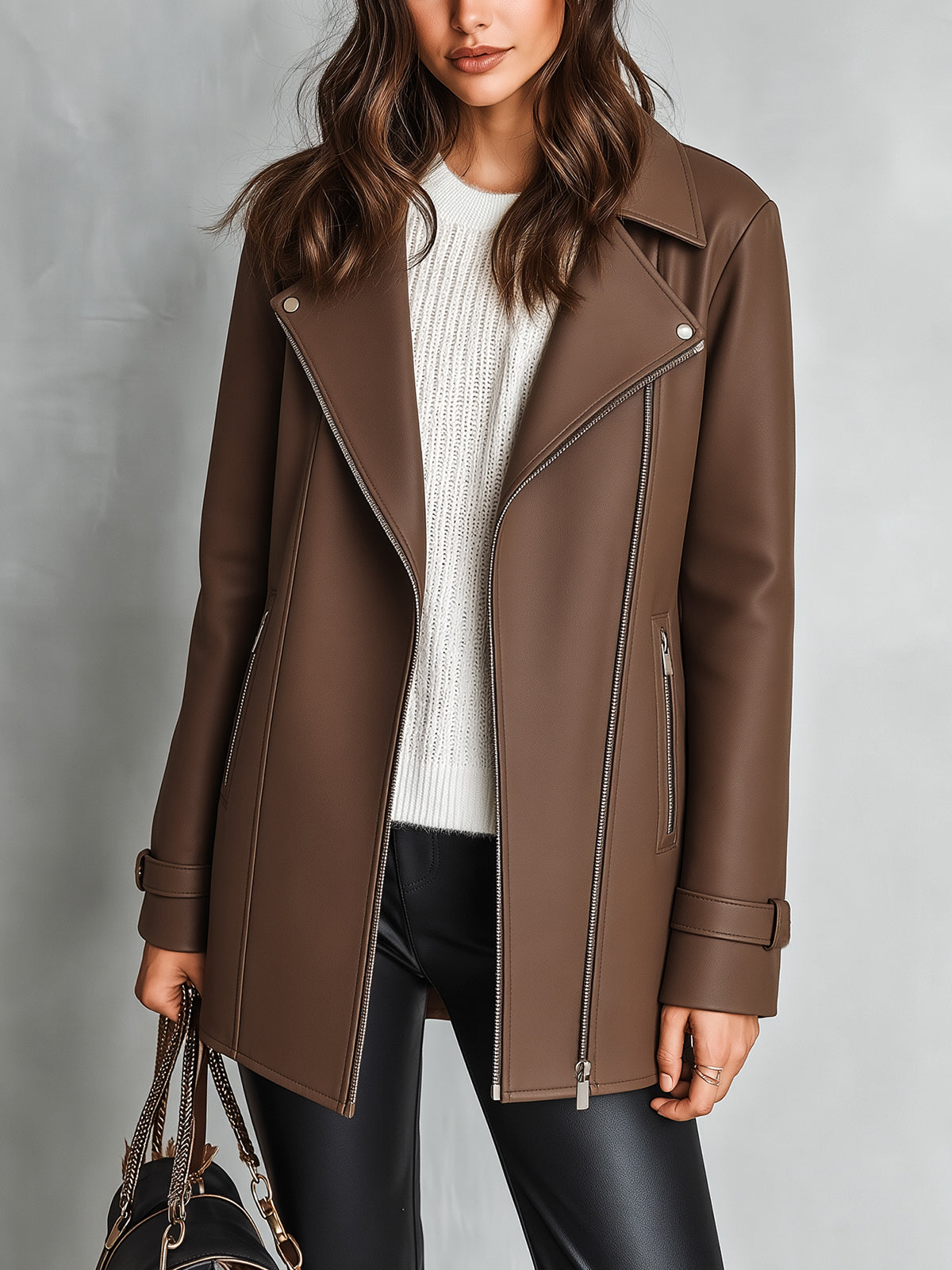 Chic Elegant Coffee Faux Leather Notched Lapel Long-Sleeve Zipper-Placket Slim-Fit Short Coat