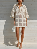 Chic Elegant White Openwork Check Jacquard Lapel Collar Button-Down Short Sleeve Loose Ribbed Knit Mini Dress