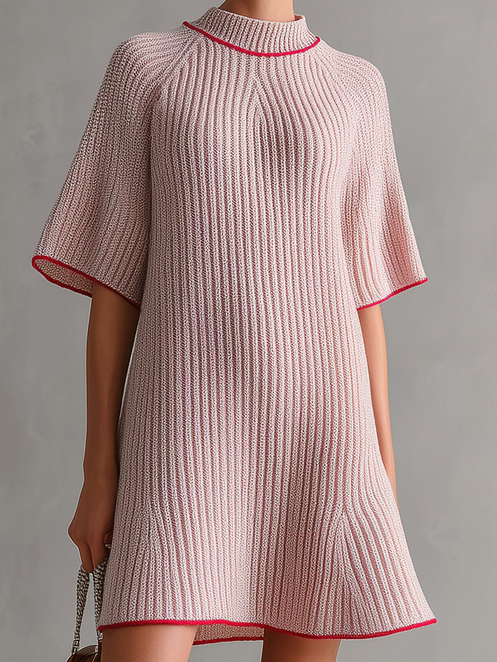 Chic Elegant Pink Mock Neck Contrast Trim Detail Short-Sleeve Loose-Fit A-Line Ribbed Knit Mini Dress