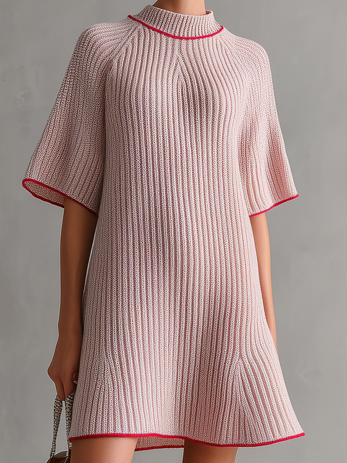 Chic Elegant Pink Mock Neck Contrast Trim Detail Short-Sleeve Loose-Fit A-Line Ribbed Knit Mini Dress
