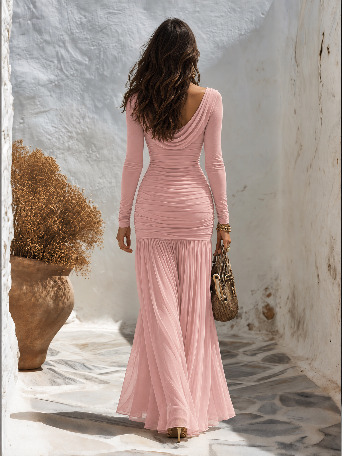 Resort-style Drop Neckline Long-sleeved Solid Color Dress