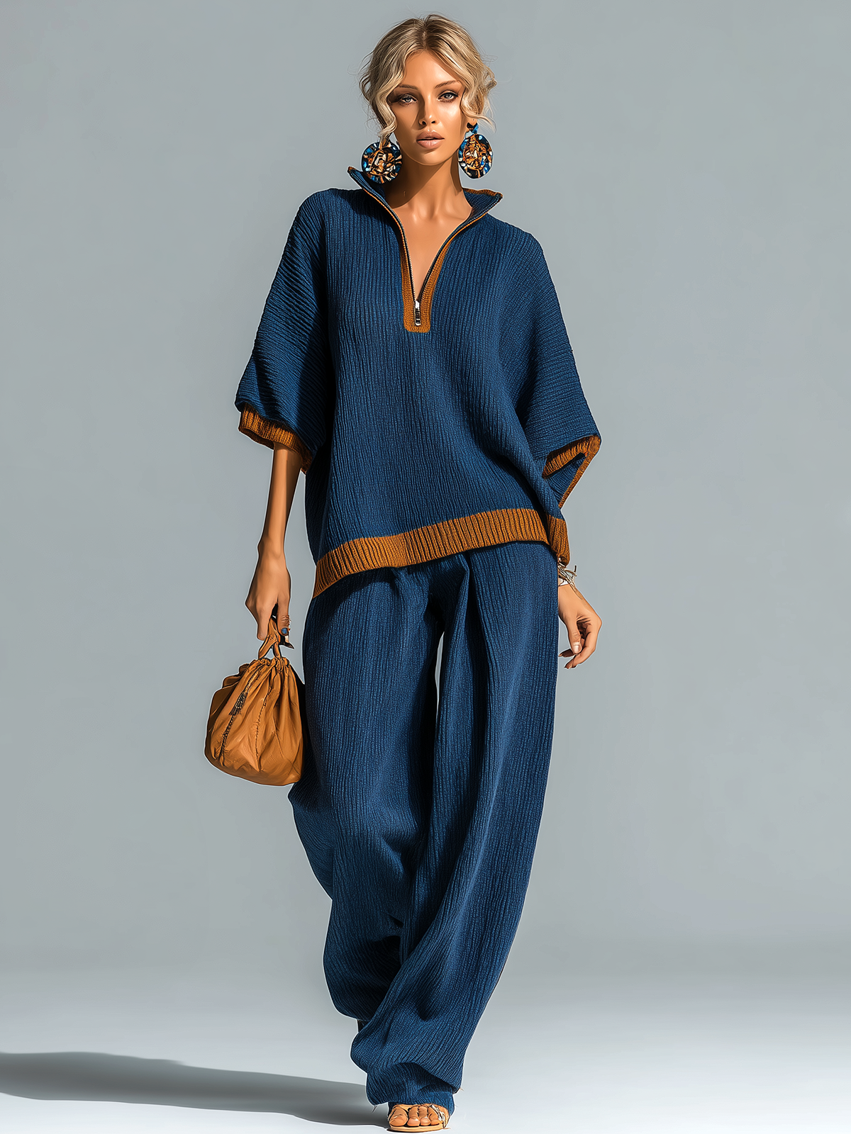 Fashion Casual Navy Blue Colorblock Stand-Collar Zipper-Front Short-Sleeve Loose Sweater Wide-Leg Pants Knit Two-Piece Set
