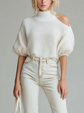Fashion Elegant White High-Neck Off-Shoulder Lantern Sleeve Short-Sleeve Loose Knit Sweater