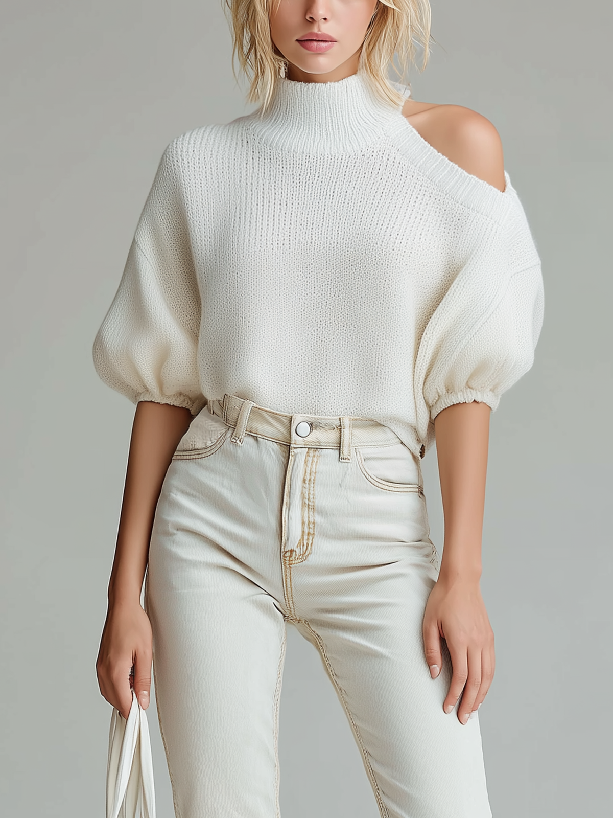 Fashion Elegant White High-Neck Off-Shoulder Lantern Sleeve Short-Sleeve Loose Knit Sweater