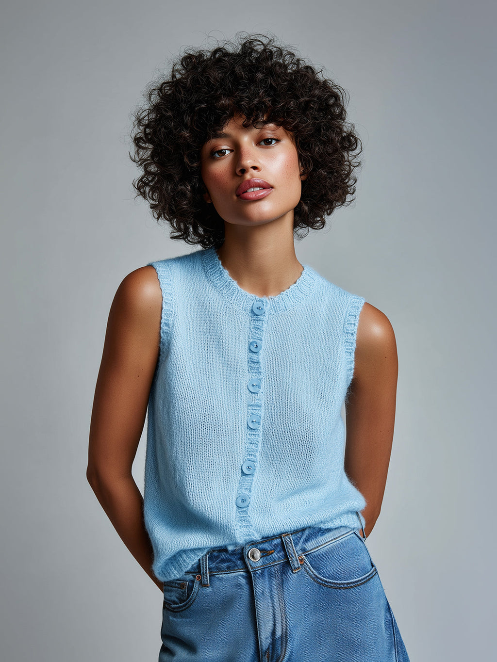 Chic Vintage Light Blue Round-Neck Sleeveless Single-Breasted Loose-Fit Knit Vest Top