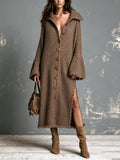 Chic Elegant Brown Lapel-Collar Single-Breasted Long-Flare-Sleeve Raw Edge Detail Side-Slit Loose-Fit Wool Blend Knit Maxi Dress
