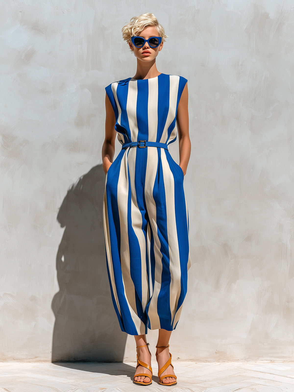 Chic Elegant Royal Blue & Beige Striped Cotton Blend Sleeveless Belted Loose-Fit Jumpsuit