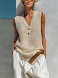 Chic Elegant Beige Button-Up V-Neck Sleeveless Loose-Fit Asymmetrical Hem Knit Vest Top