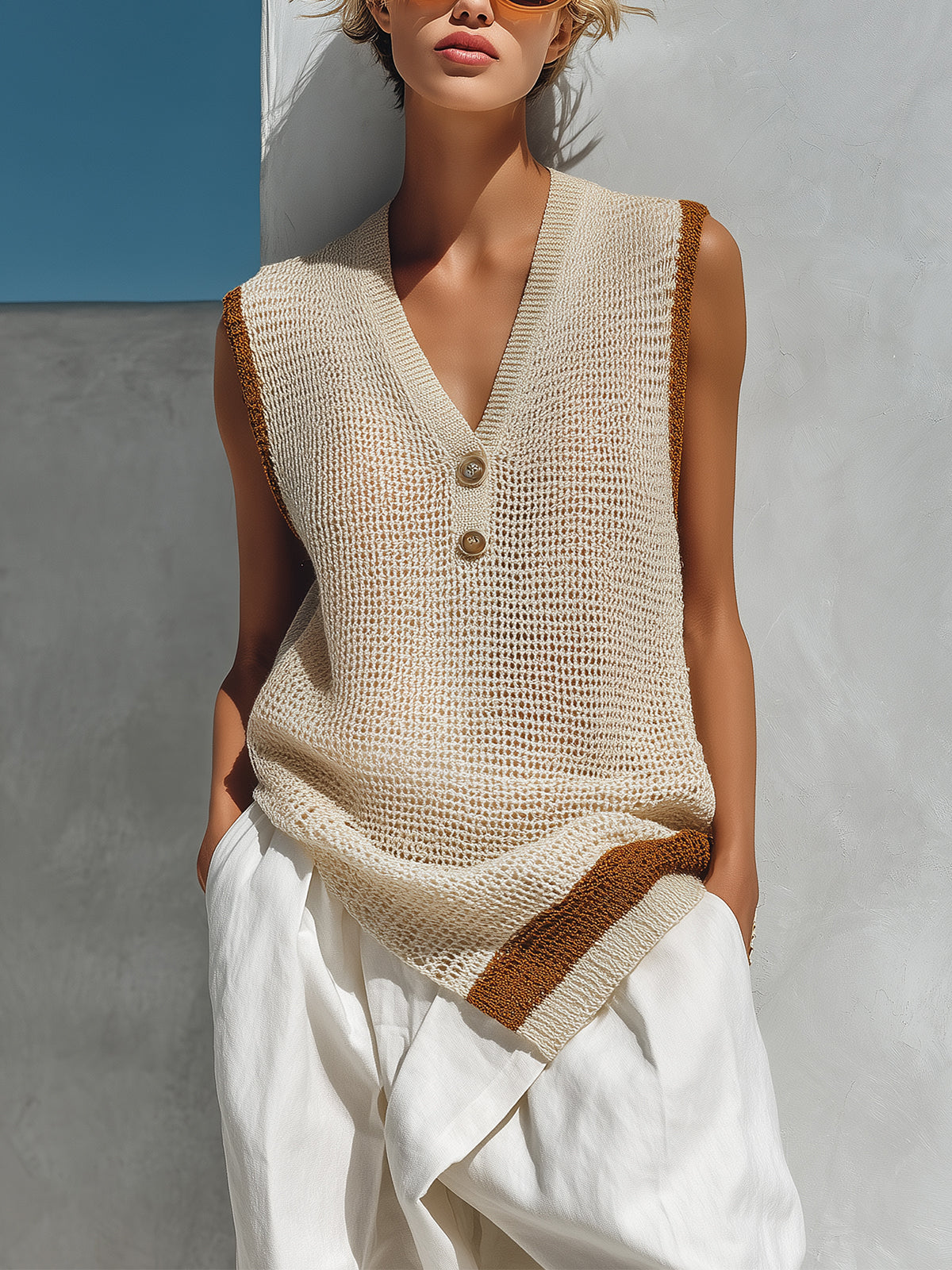 Chic Elegant Beige Button-Up V-Neck Sleeveless Loose-Fit Asymmetrical Hem Knit Vest Top