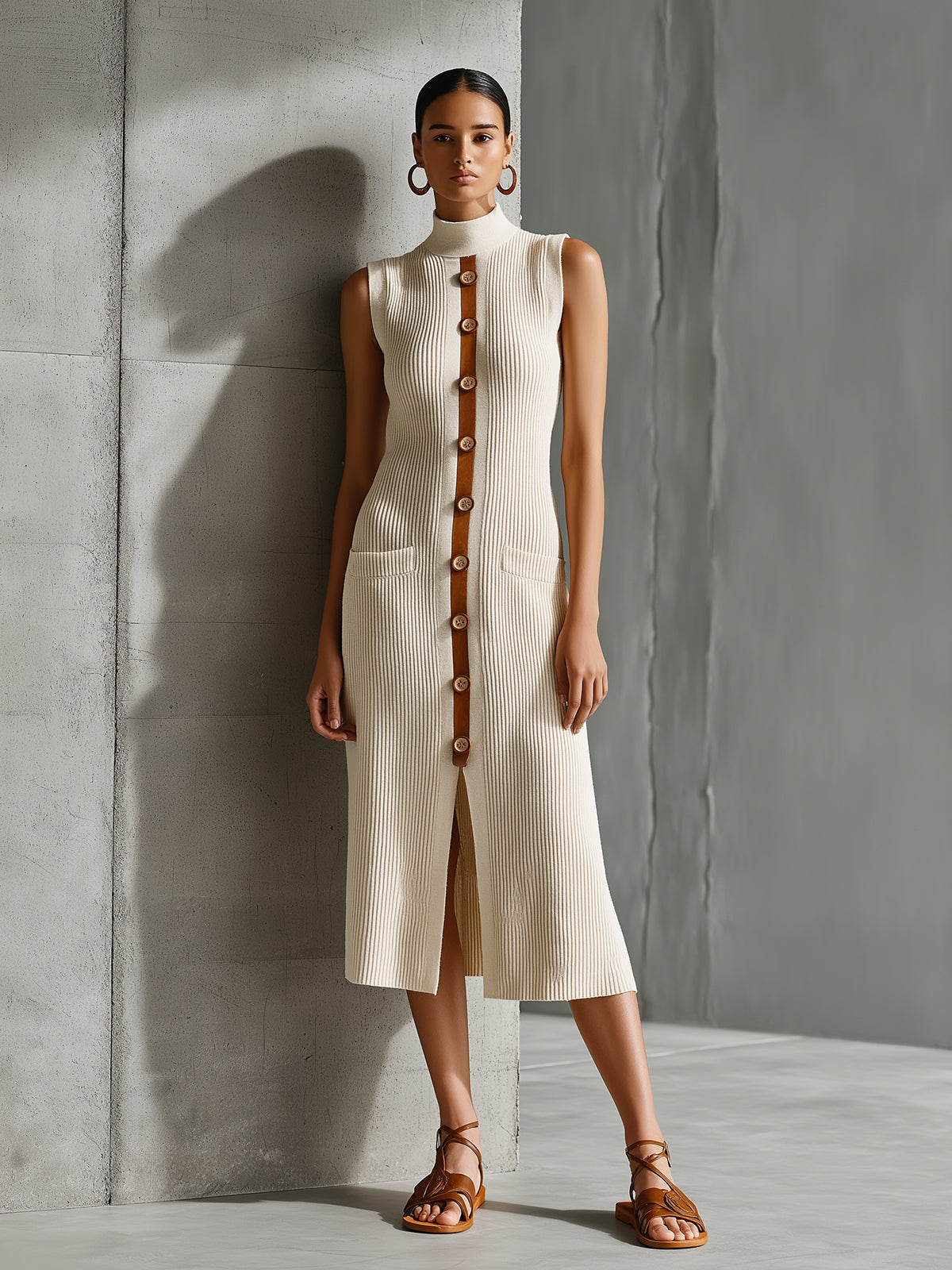 Chic Elegant Beige-Brown Colorblock Mock-Neck Sleeveless Button-Front Detail Slim-Fit Knit Midi Dress