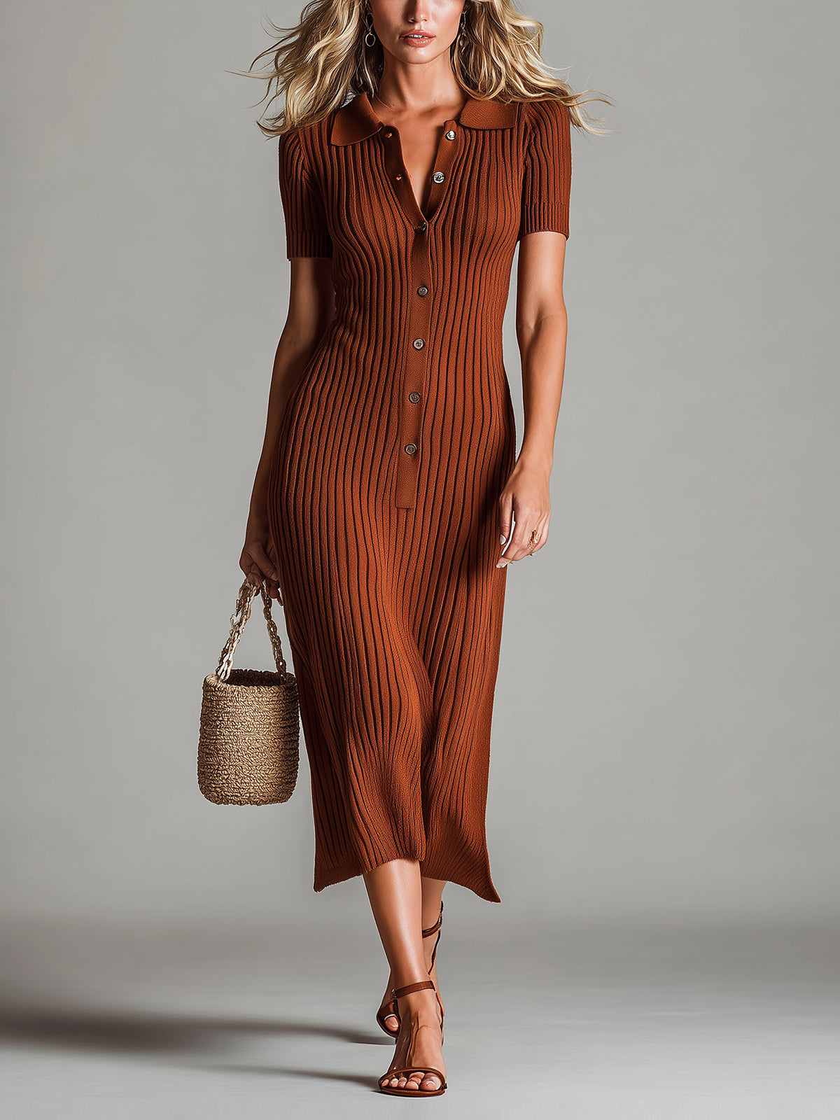 Chic Elegant Caramel Brown Lapel Collar Button-Front Short-Sleeve Slim-Fit Flared Hem Ribbed Knit Bodycon Midi Dress