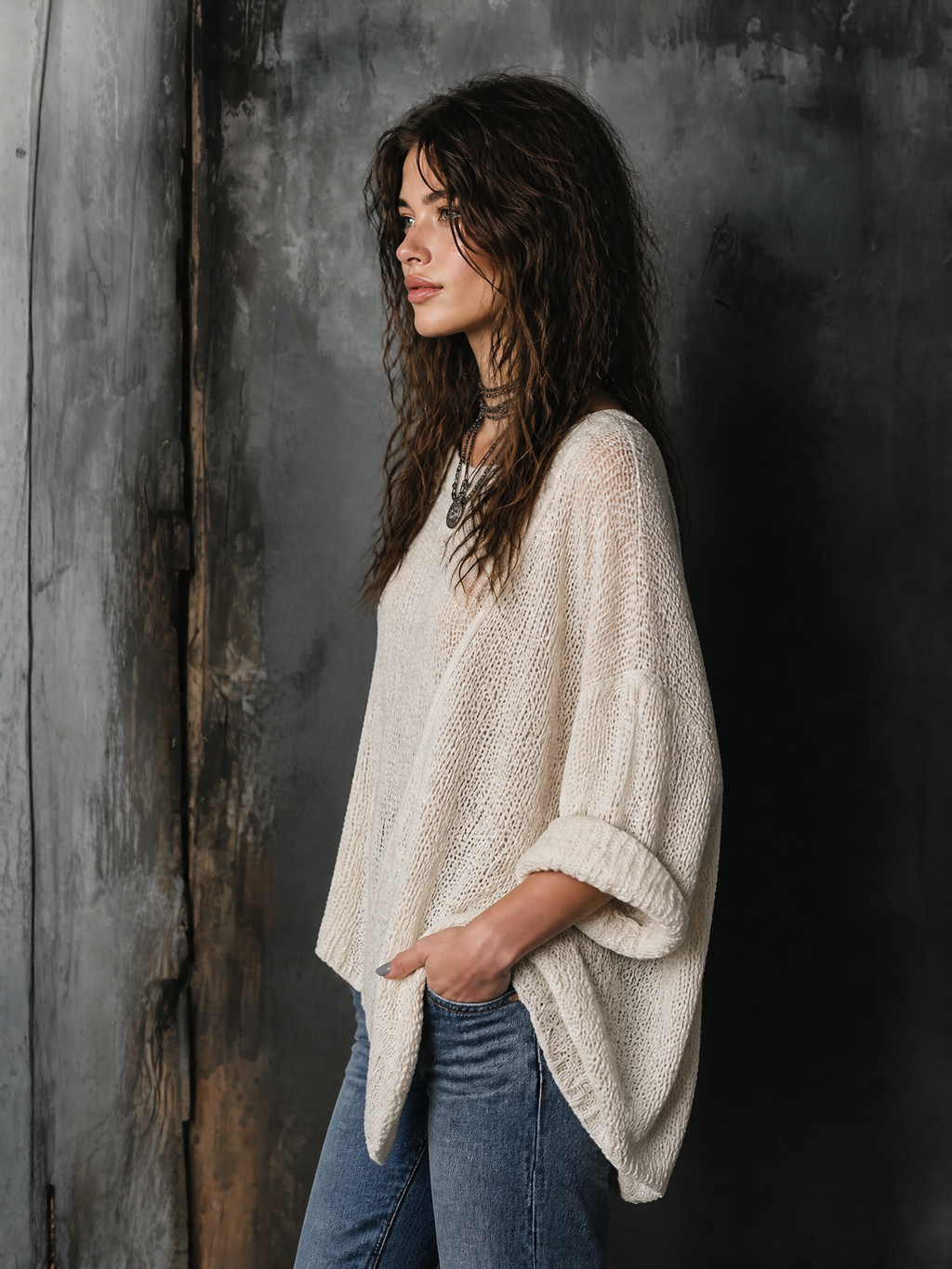 Chic Casual Off-White Round-Neck Dropped Shoulder Long Sleeves Asymmetric Hem Loose-Fit Knit Sweater Top