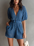 Chic Casual Dark Blue V-Neck Button-Front Short-Sleeve Tailored-Waist Knit Romper