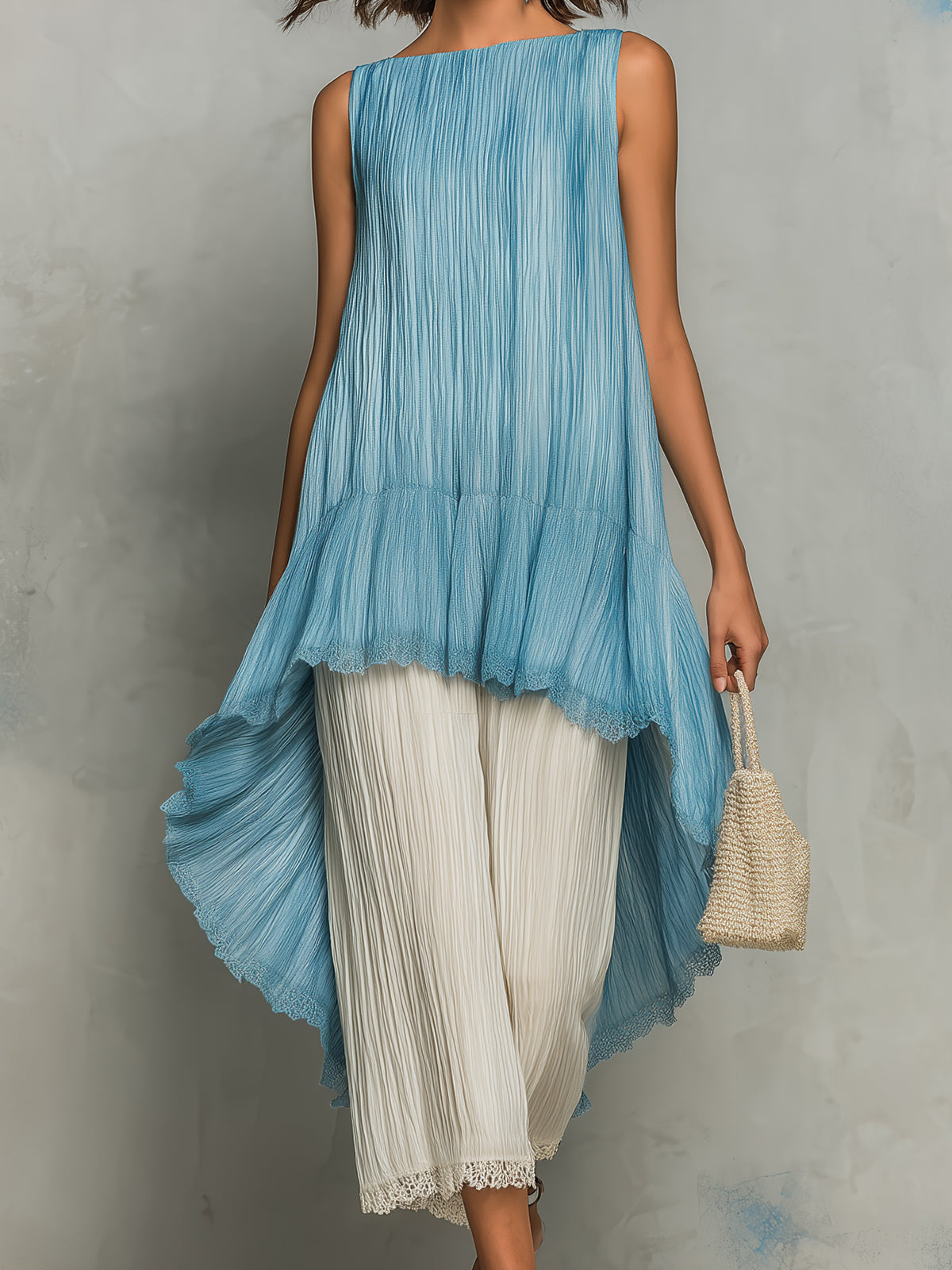 Chic Elegant Blue Boat-Neck Sleeveless Asymmetrical Hem Top Beige Cropped Pants Lace Trim Detail Cotton Blend Pleated Two-Piece Set