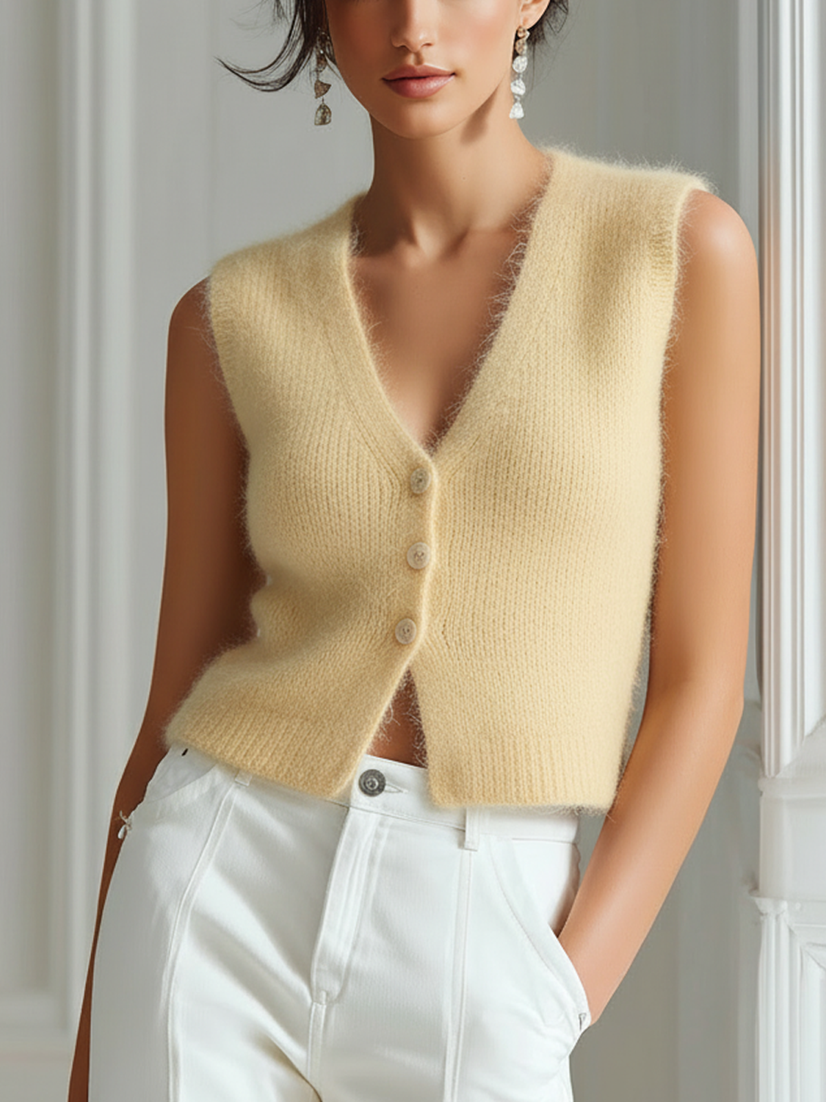 Chic Casual V-Neck Single-Breasted Sleeveless Fit Fuzzy Mohair Knit Vest
