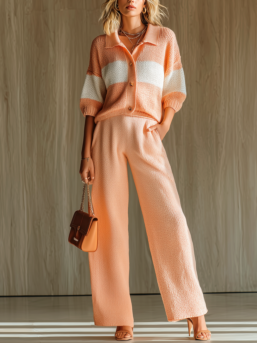 Chic Casual Neon Peach Colorblock Lapel Collar Button-Front Short-Sleeve Loose Sweater Wide-Leg Pants Knit Two-Piece Set