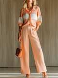 Chic Casual Neon Peach Colorblock Lapel Collar Button-Front Short-Sleeve Loose Sweater Wide-Leg Pants Knit Two-Piece Set