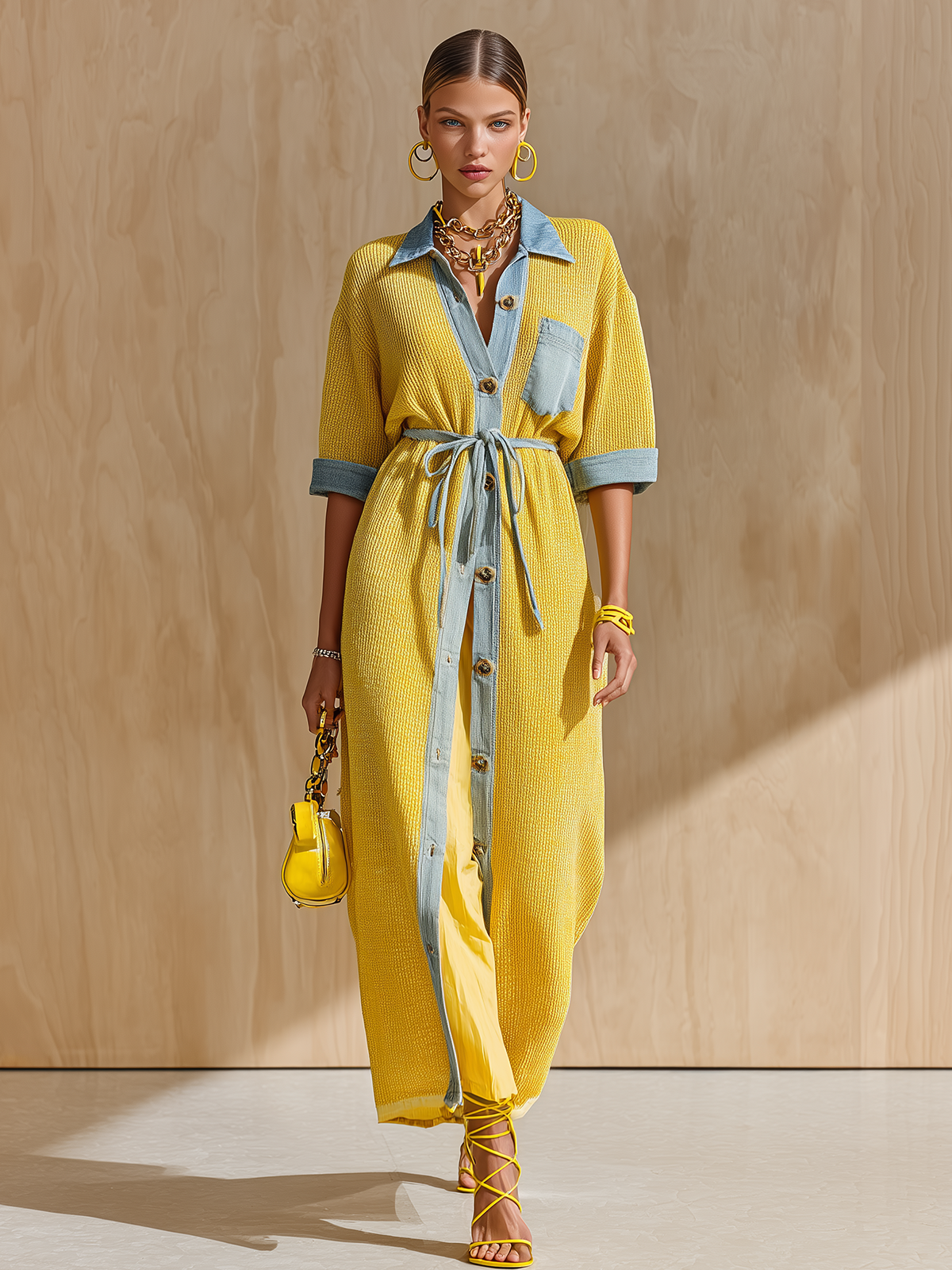 Chic Elegant Yellow Patchwork Denim Lapel Collar Button-Front Loose-Fit Drawstring Waist Loose-Fit Knit Maxi Dress