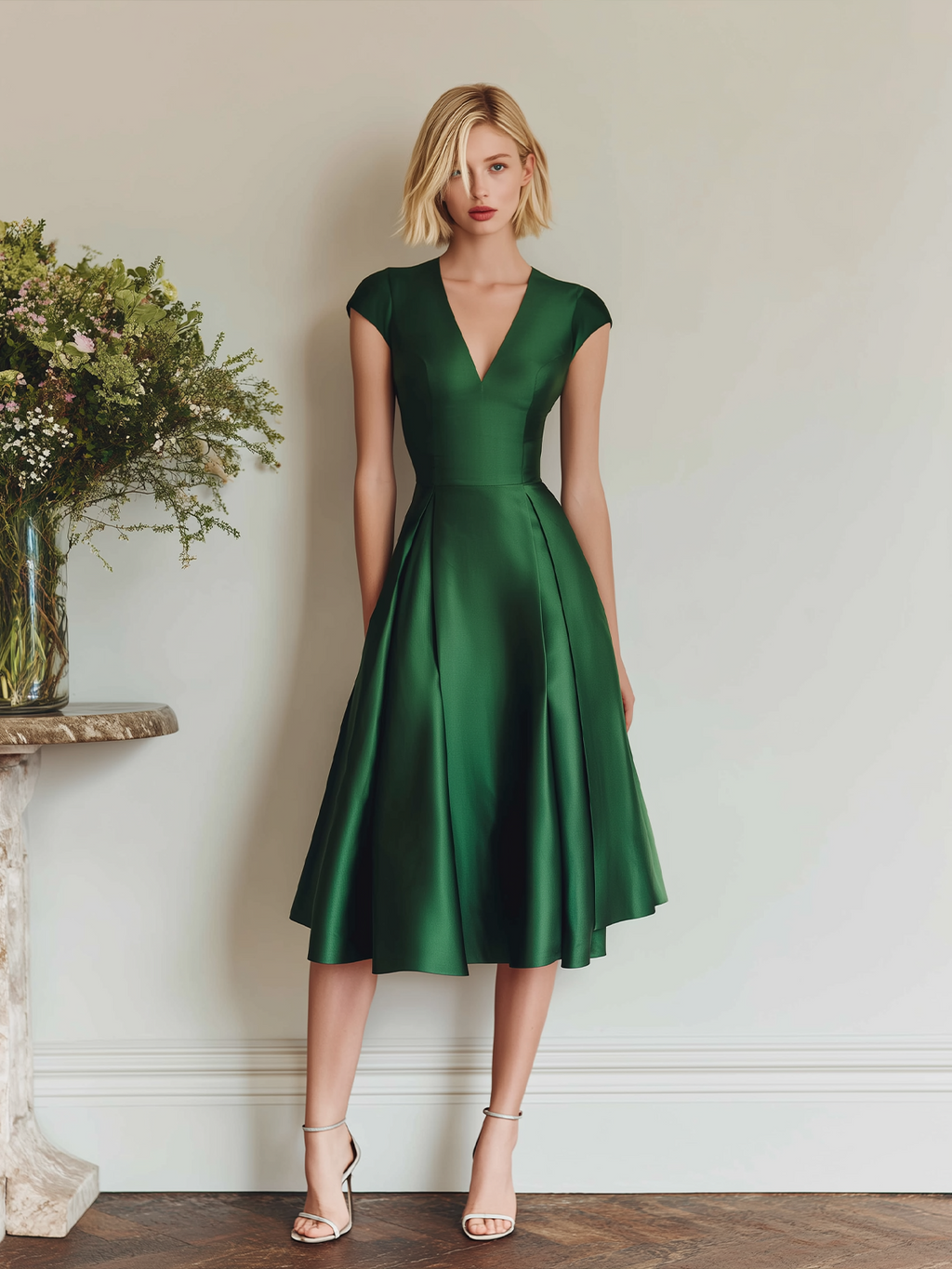 Stylish Elegant Green Cap Sleeve A-Line Slim Sant Midi Dress