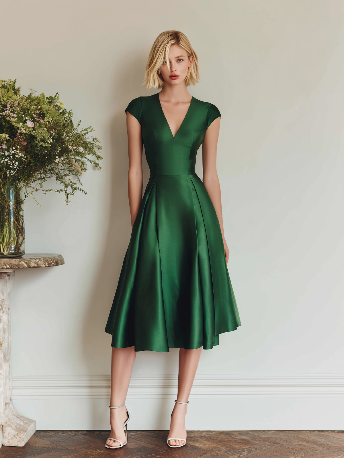 Stylish Elegant Green Cap Sleeve A-Line Slim Sant Midi Dress