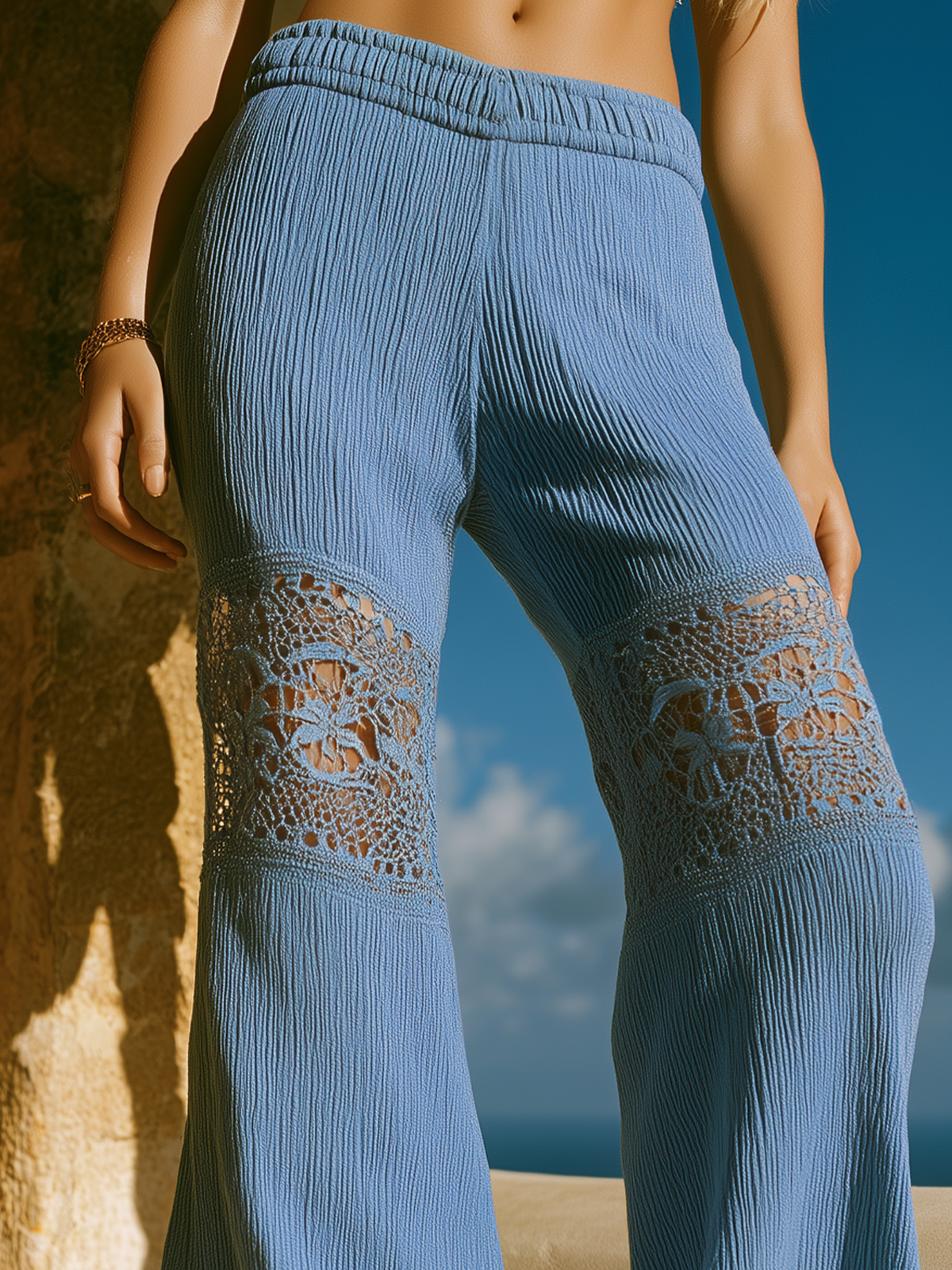 Chic Elegant Blue High Waist Cotton Blend Lace Patchwork Detail Wide-Leg Pants