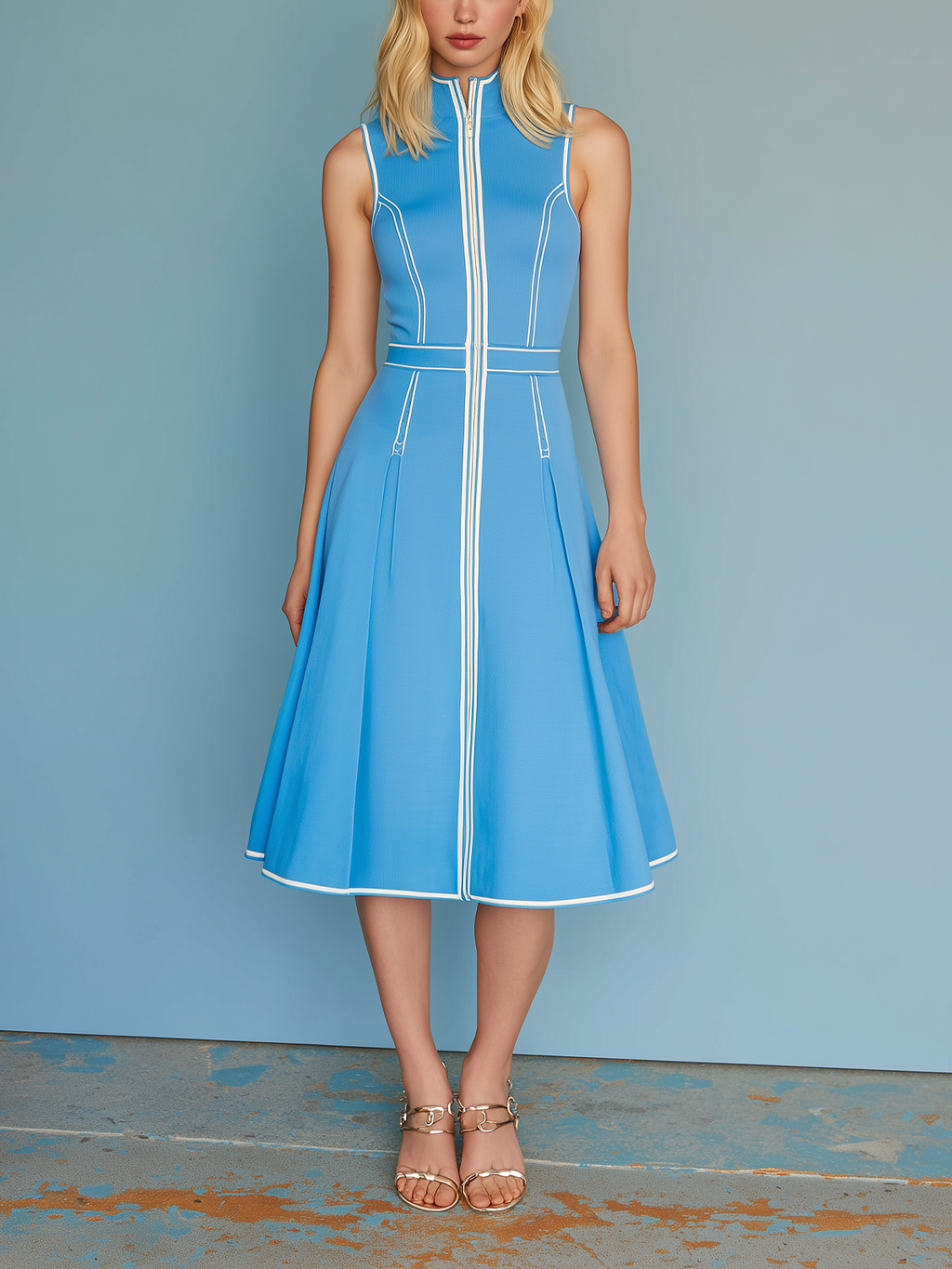 Chic Elegant Blue Trim Neck Zipper-up Round-Neck Sleeveless Tailored-Waist A-Line Cotton Blend Midi Dress
