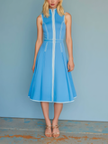 Chic Elegant Blue Trim Neck Zipper-up Round-Neck Sleeveless Tailored-Waist A-Line Cotton Blend Midi Dress