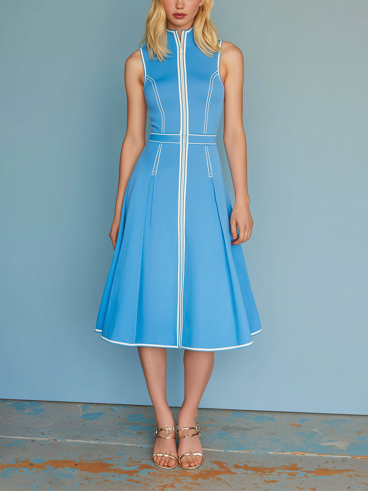 Chic Elegant Blue Trim Neck Zipper-up Round-Neck Sleeveless Tailored-Waist A-Line Cotton Blend Midi Dress