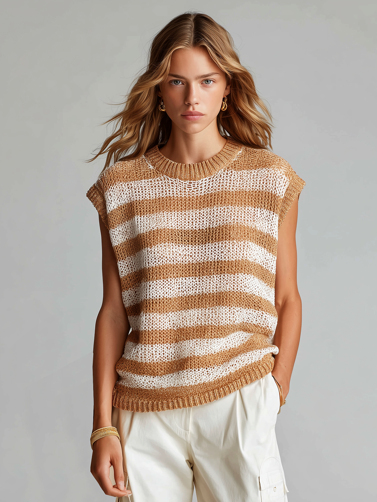 Chic Casual White -Camel Striped Crew Neck Sleeveless Loose-Fit Knit Vest Top