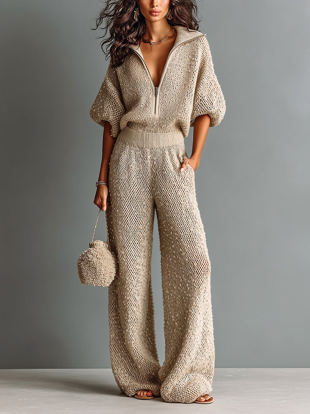 Chic Elegant Camel Zipper-Up Lapel Collar Half-Sleeve Loose-Fit Sweater Wide-Leg Pants Knit Two-Piece Set
