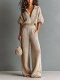 Chic Elegant Camel Zipper-Up Lapel Collar Half-Sleeve Loose-Fit Sweater Wide-Leg Pants Knit Two-Piece Set