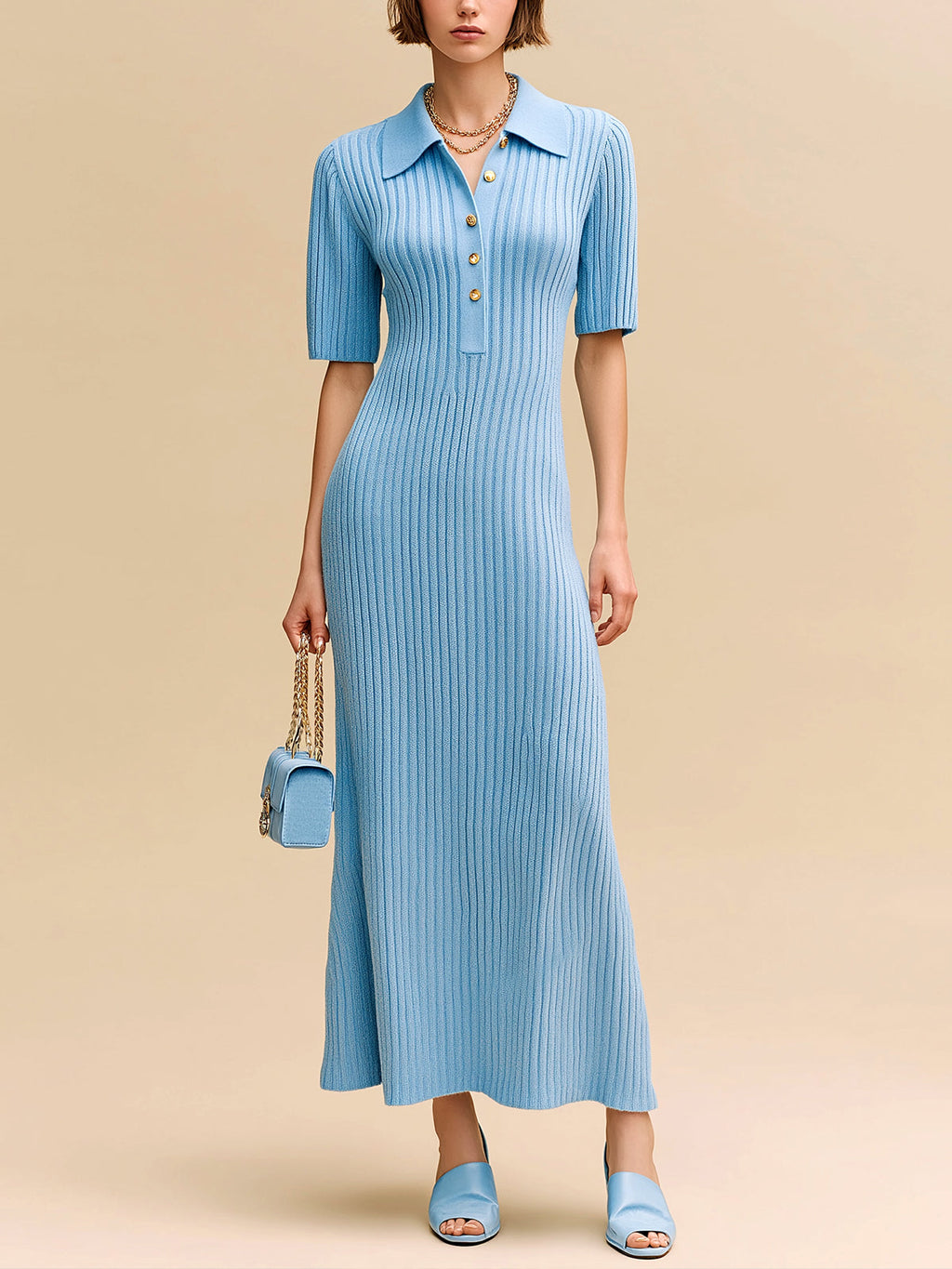 Chic Elegant Blue Lapel Collar Button-Front Short-Sleeve Slim-Fit Flare Hem Ribbed Knit Maxi Dress
