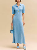 Chic Elegant Blue Lapel Collar Button-Front Short-Sleeve Slim-Fit Flare Hem Ribbed Knit Maxi Dress