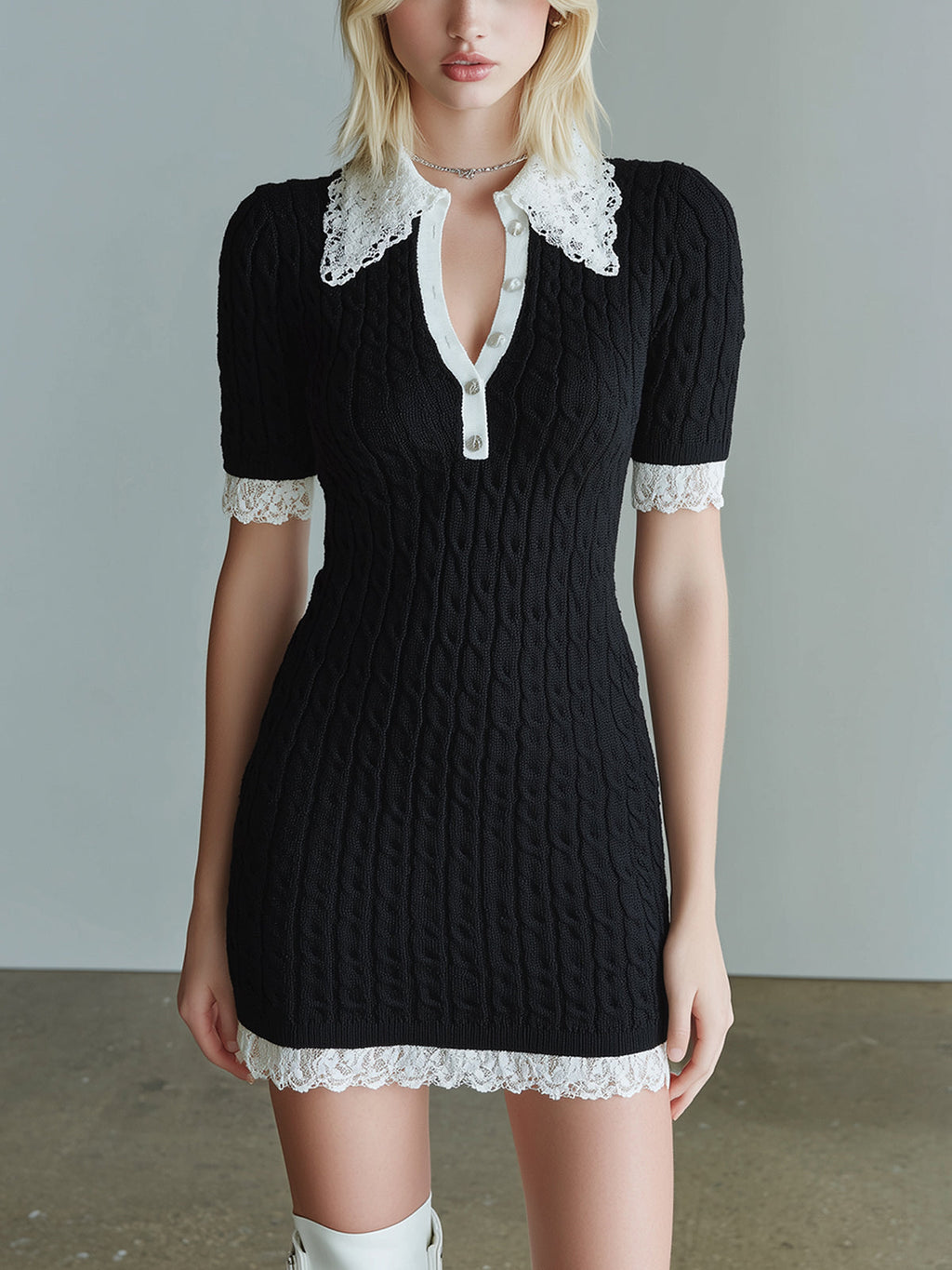 Chic Elegant Black Button-Up Lapel Collar Short-Sleeve Lace Trim Details Slim-Fit Cable-Knit Mini Dress