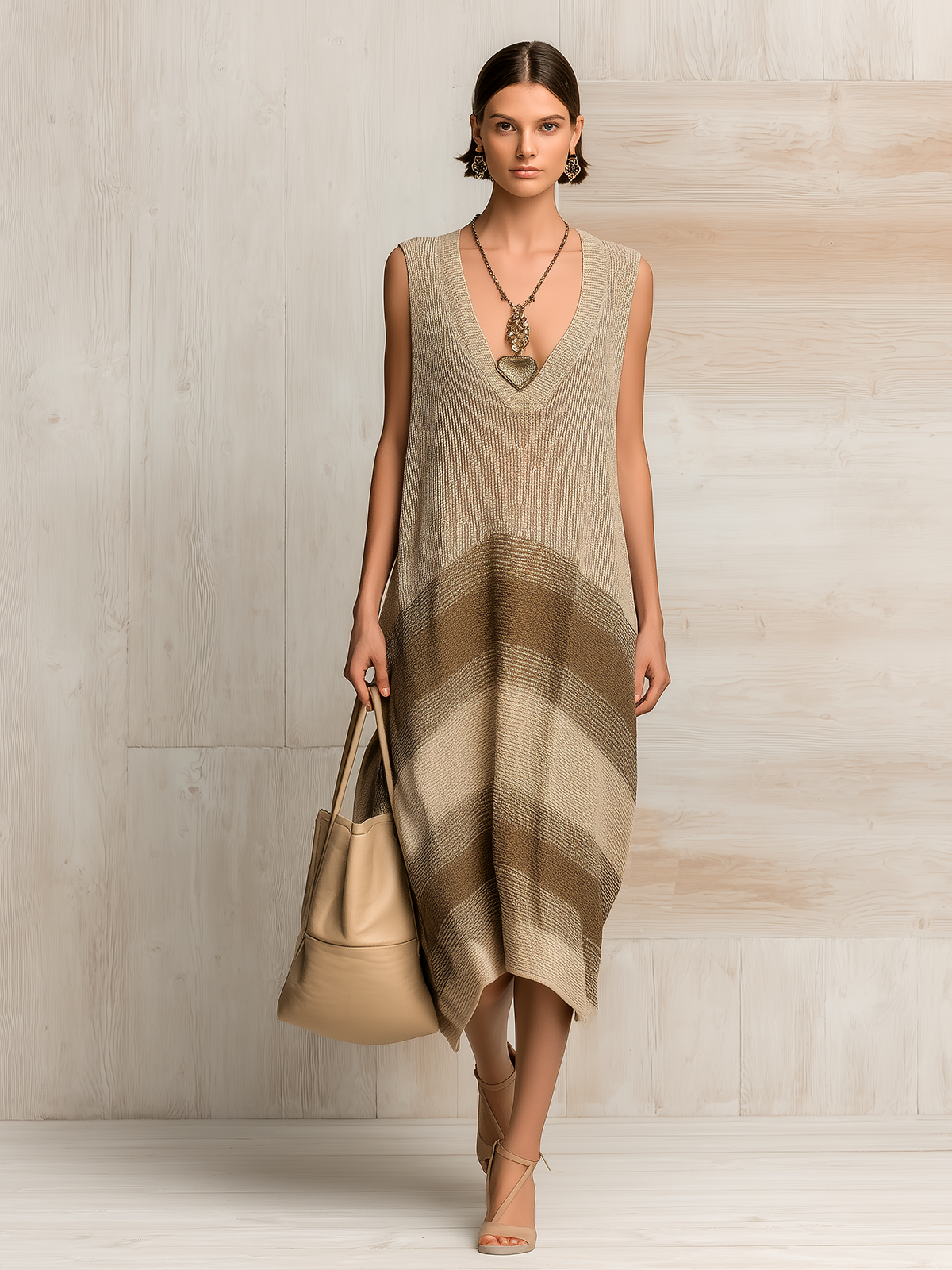 Chic Elegant Camel Colorblock V-Neck Sleeveless Loose A-Line Ribbed Knit Maxi Dress