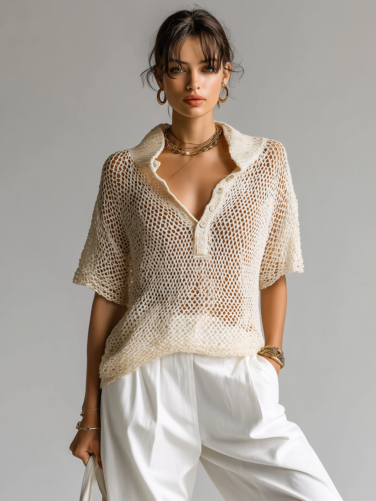 Fashion Casual Beige Lapel Button Mesh Short-Sleeve Loose Knit Sweater Top