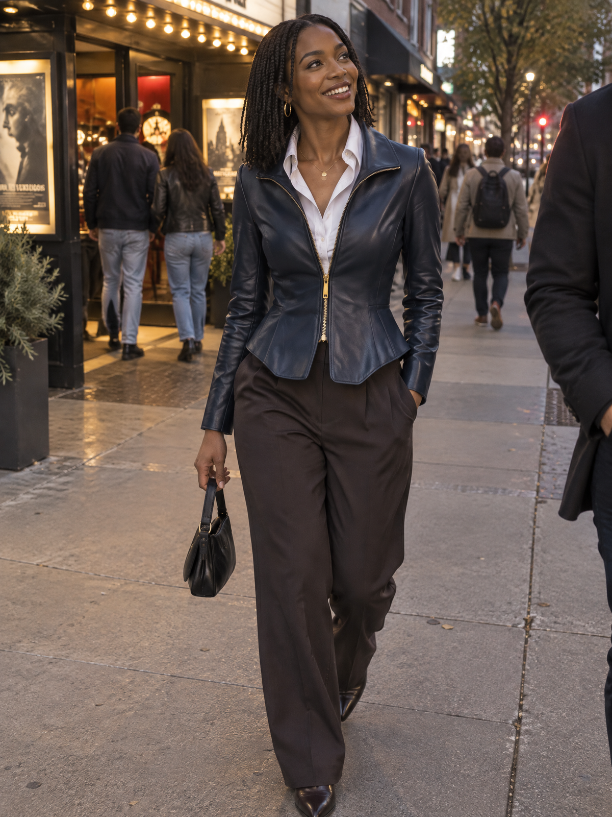 Navy Faux Leather Zip-Up Peplum Jacket
