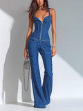 Chic Elegant Blue Denin Washed Thin Straps V-Neck Sleeveless Zipper-Front Tailored Waist Patch Pockets Wide-Leg Jumpsuit