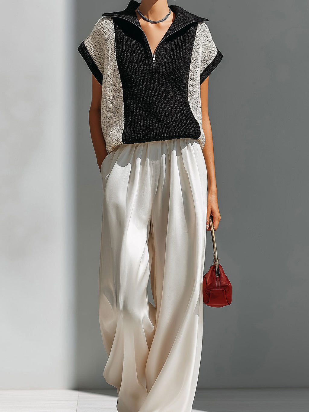 Chic Elegant Black-Beige Colorblock Zipper-Up Lapel Collar Short-Sleeve Knit Sweater Top Beige Satin Wide-Let Pants Two-Piece Set
