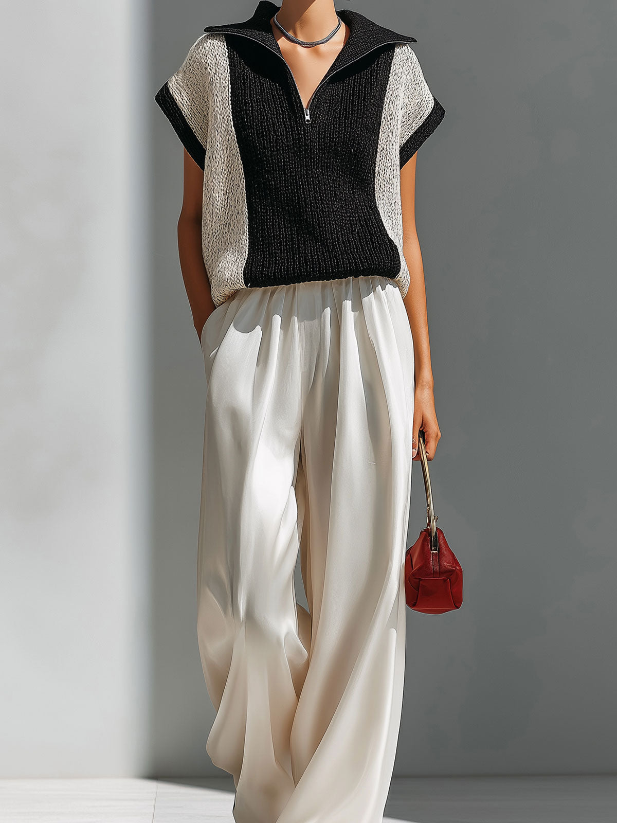 Chic Elegant Black-Beige Colorblock Zipper-Up Lapel Collar Short-Sleeve Knit Sweater Top Beige Satin Wide-Let Pants Two-Piece Set