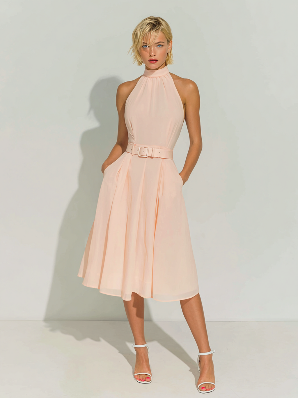 Stylish Elegant Pink Stand Collar Sleeveless Belt Loose Midi Dress