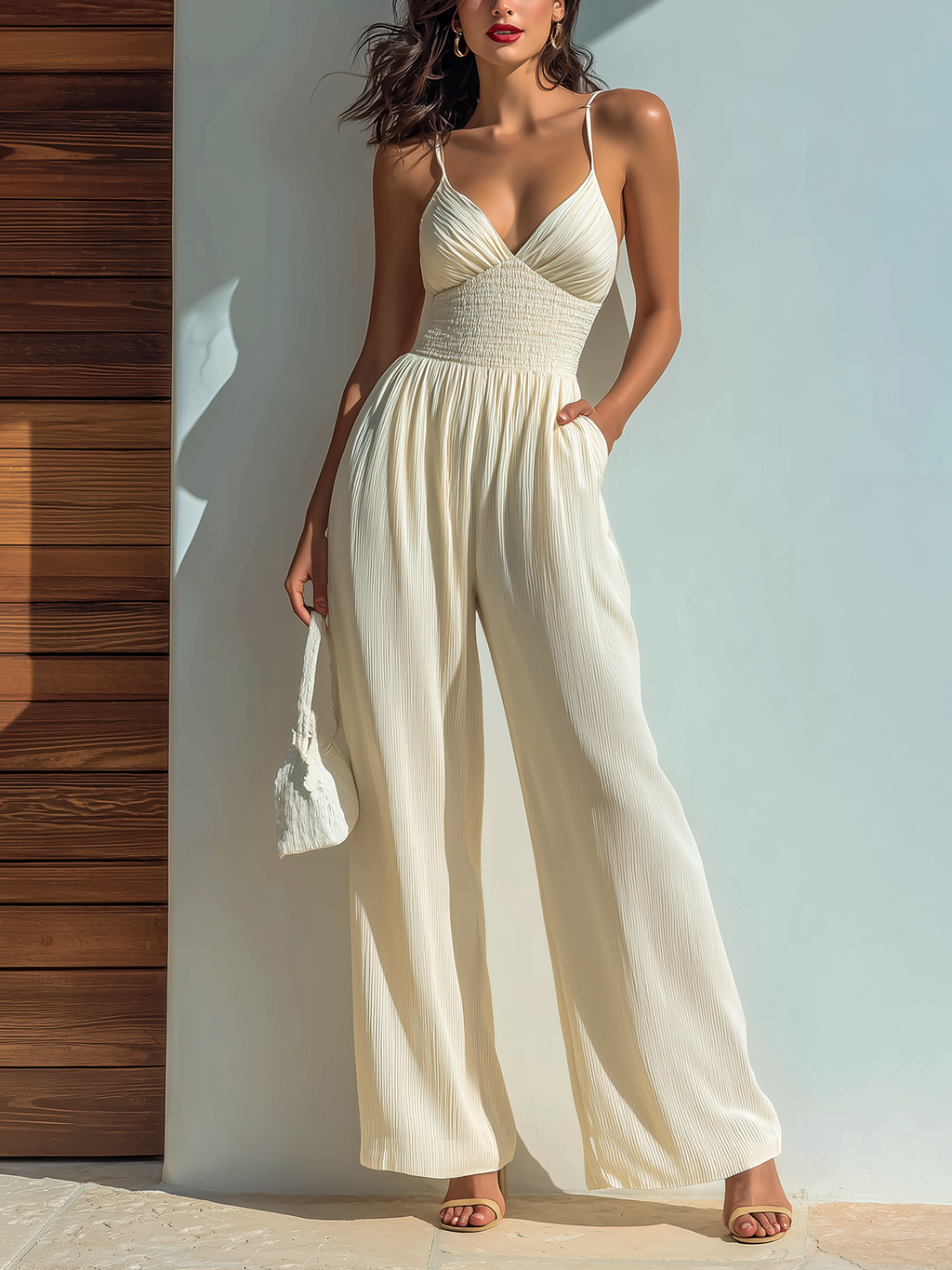 Chic Elegant Cream White V-Neck Strappy Sleeveless Tailored Waist Chiffon Wide-Leg Jumpsuit