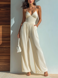 Chic Elegant Cream White V-Neck Strappy Sleeveless Tailored Waist Chiffon Wide-Leg Jumpsuit
